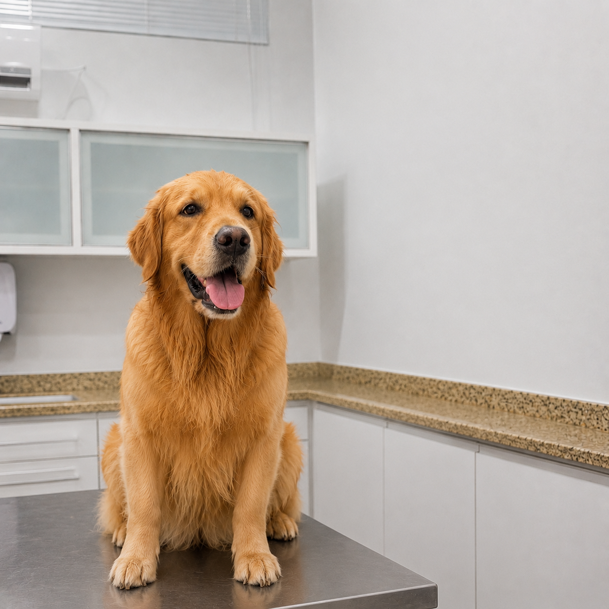 Cão golden retriever sendo atendido sobre mesa de exame veterinário na Unidade Paraná — Espaço Animal Vilhena/RO