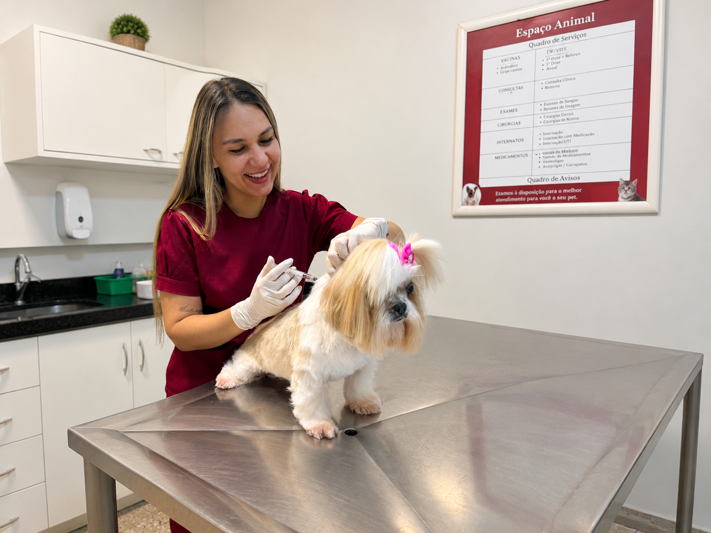 Médica veterinária examinando cão de pequeno porte em consulta de rotina na Unidade Paraná — Espaço Animal Vilhena/RO