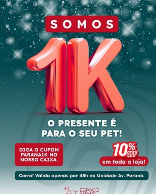 Post do Instagram da Espaço Animal celebrando 1 mil seguidores com cupom PARANA1K de 10% de desconto